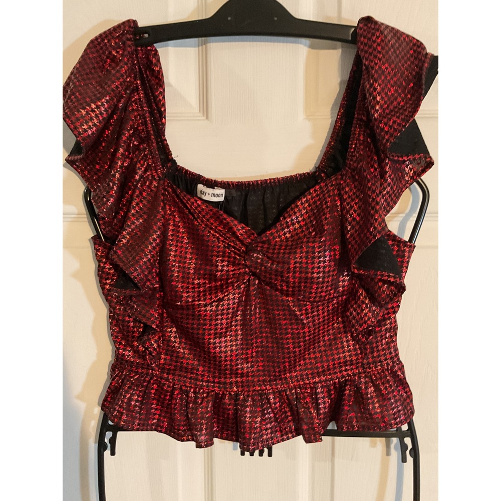 Day + Moon Red Houndstooth Metallic Ruffle Crop Top‎ A2753 Holiday Party Top L